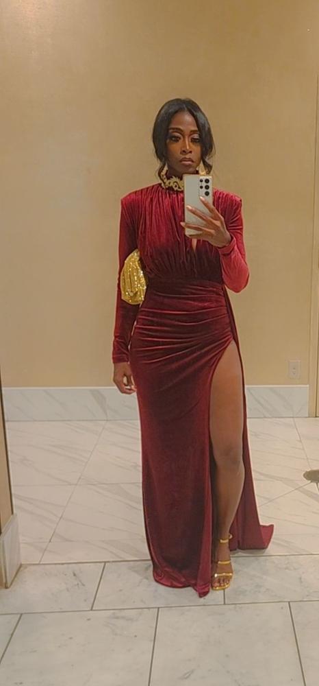 Zenaida Burgundy Cutout High Slit Velvet Gown - Customer Photo From Rice