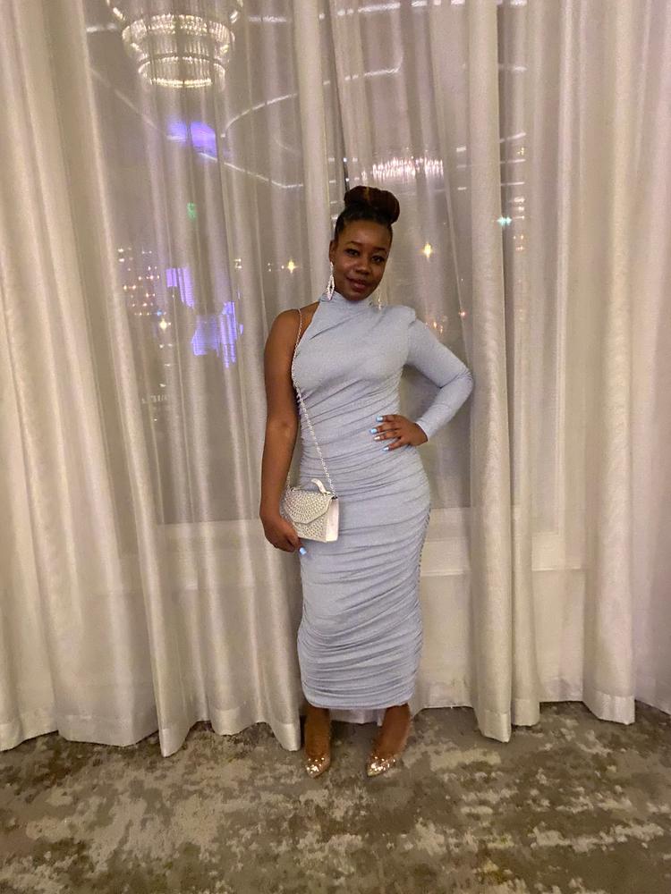 Peyton Blue One Sleeve Ruched Pencil Dress - Customer Photo From Gladys