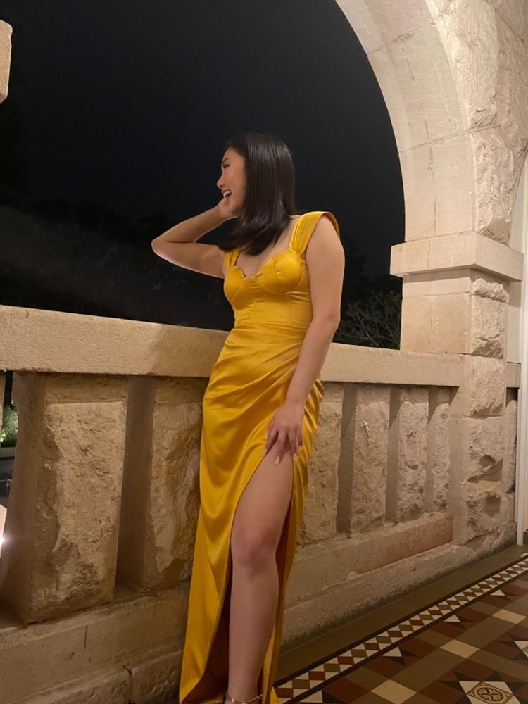 Zarah Yellow High Slit Corset Satin Dress - Customer Photo From Anonymous