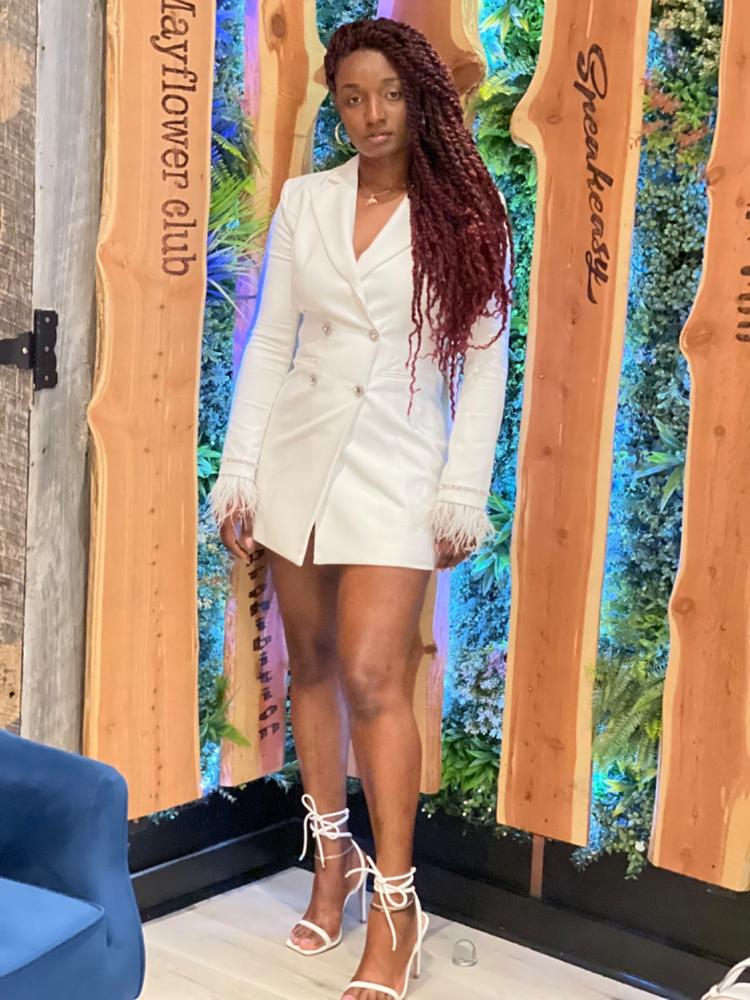 quilla white feather crystal sleeve backless blazer dress Quilla White Feather Crystal Sleeve Backless Blazer Dress