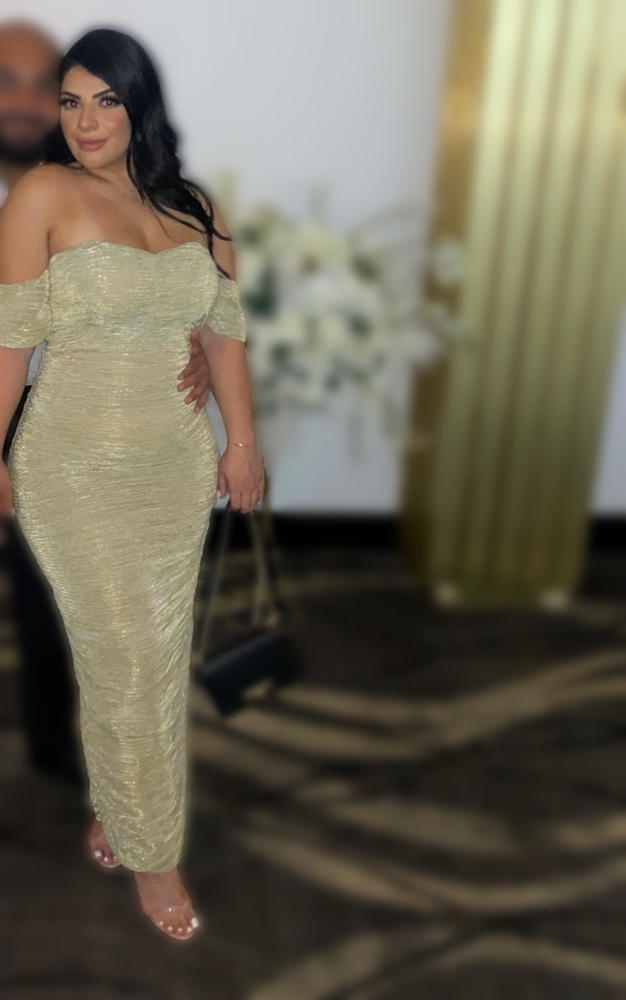 Gene Gold Ruched Off Shoulder Chiffon Dress - Customer Photo From Anonymous