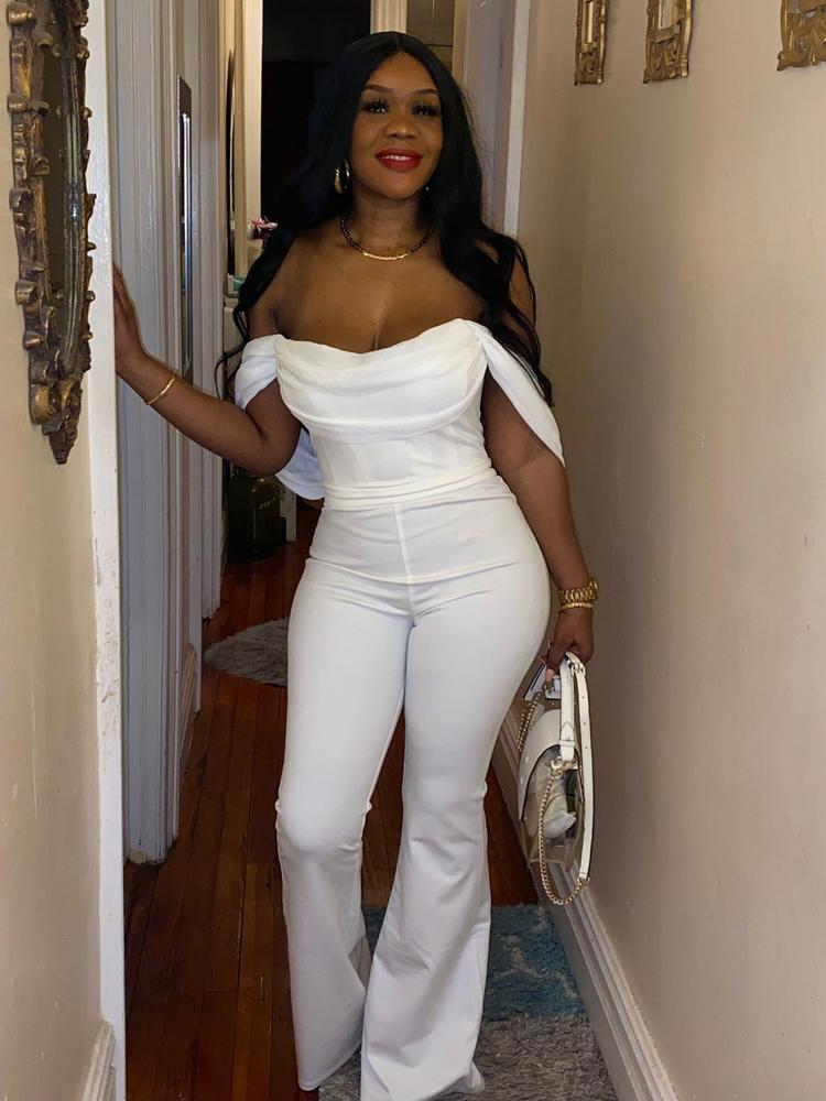 Sherlyn White Off Shoulder Flared Crepe Jumpsuit - Customer Photo From Kedine Weir