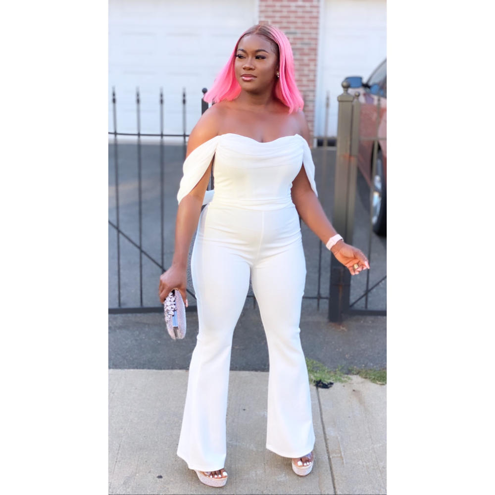 Sherlyn White Off Shoulder Flared Crepe Jumpsuit - Customer Photo From Anonymous