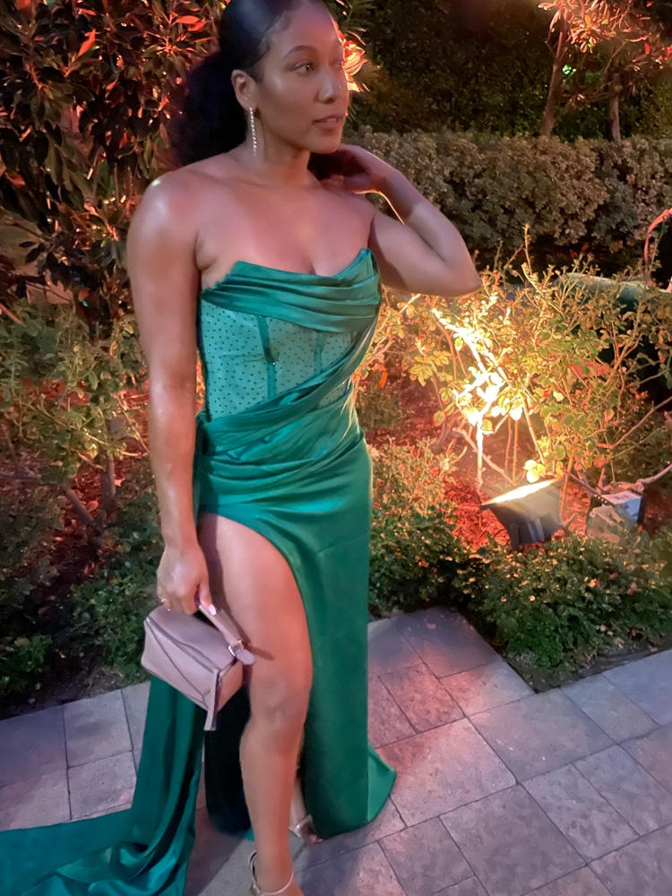 Holly Green Crystallized Corset High Slit Satin Gown - Customer Photo From Ashley CHESTANG