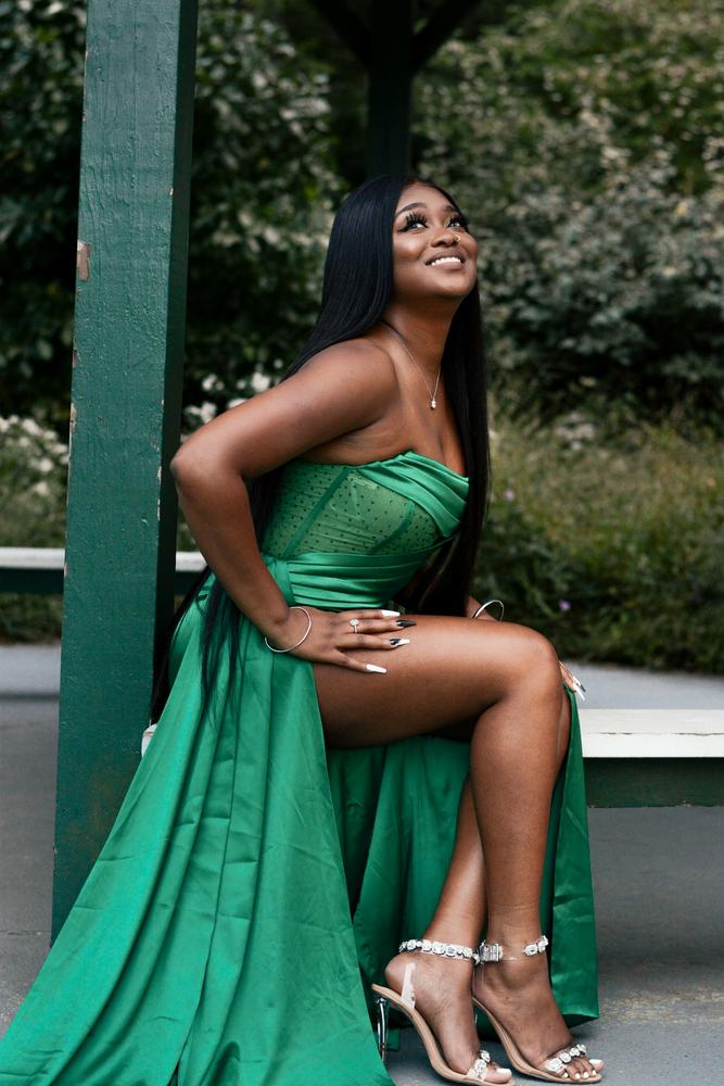 Holly Green Crystallized Corset High Slit Satin Gown - Customer Photo From Jess
