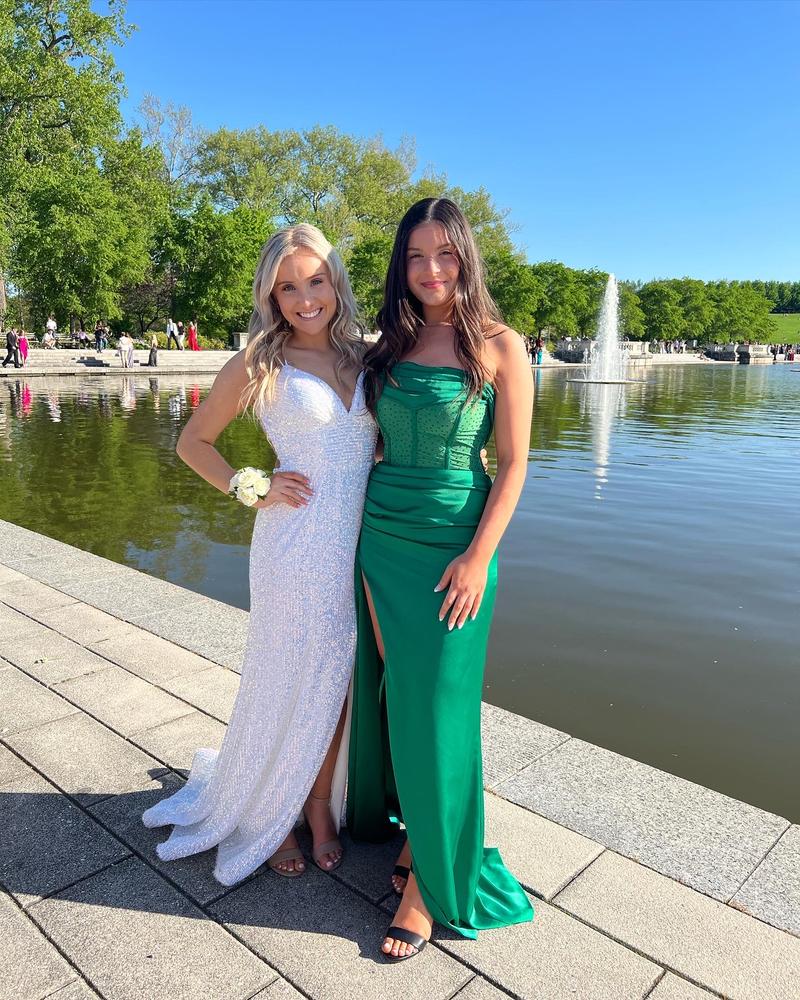 Holly Green Crystallized Corset High Slit Satin Gown - Customer Photo From Isabella Zeneli