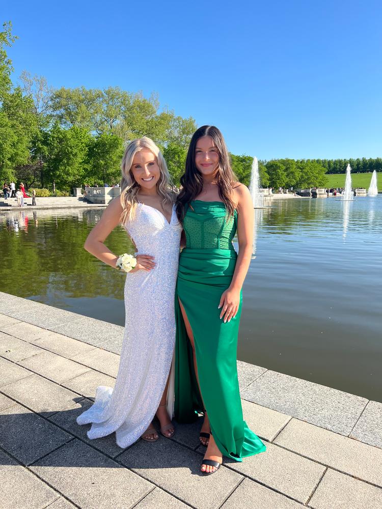 Holly Green Crystallized Corset High Slit Satin Gown - Customer Photo From Isabella