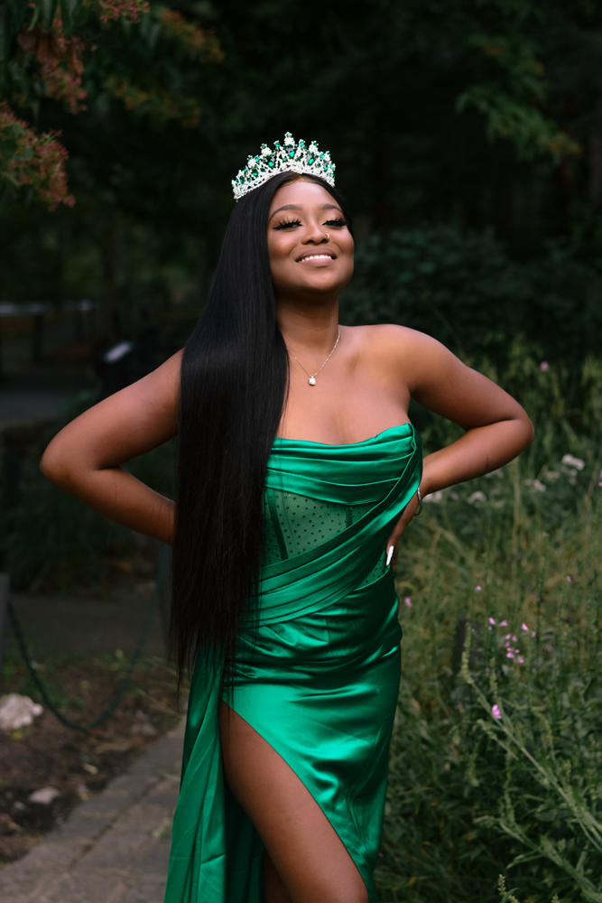 Holly Green Crystallized Corset High Slit Satin Gown - Customer Photo From Jess
