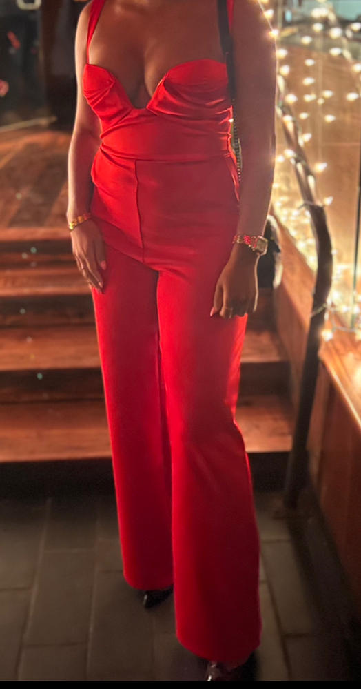 Onika Red Satin and Crepe Jumpsuit - Customer Photo From Anonymous