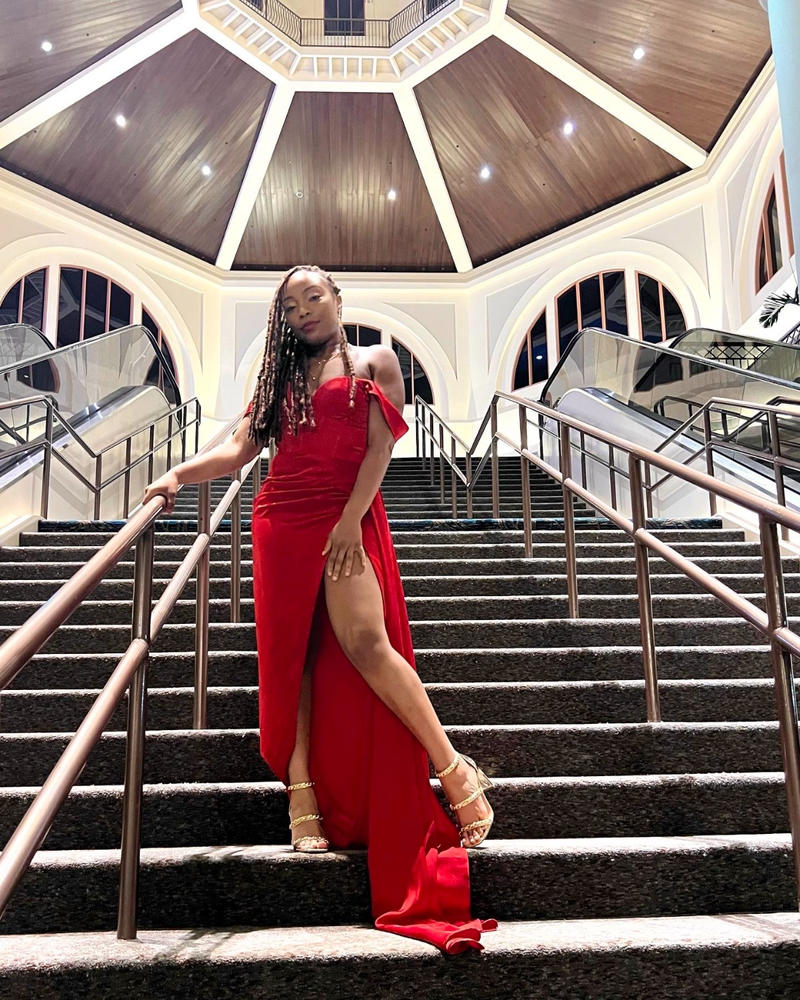 Zayda Red High Slit Corset Satin Gown - Customer Photo From Tanisha Afams