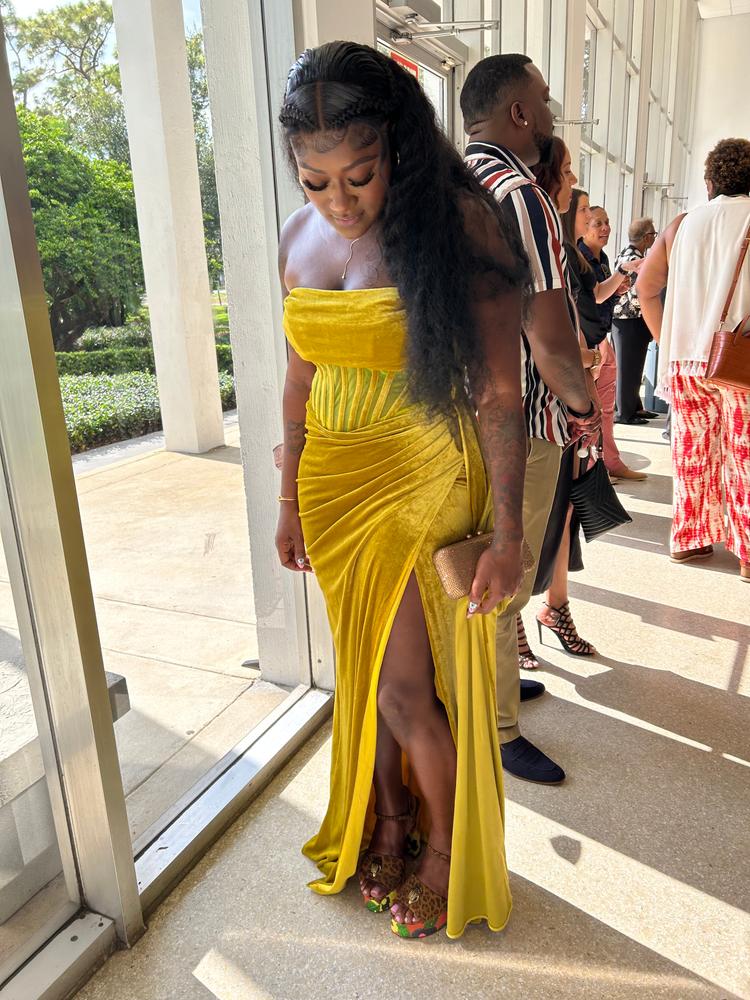 Priya Gold Draping Corset High Slit Velvet Gown - Customer Photo From Stoney 