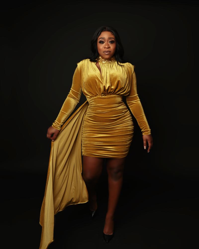 Gracyn Gold Cutout Long Sleeve Draping Velvet Dress - Customer Photo From Yaa Dawson