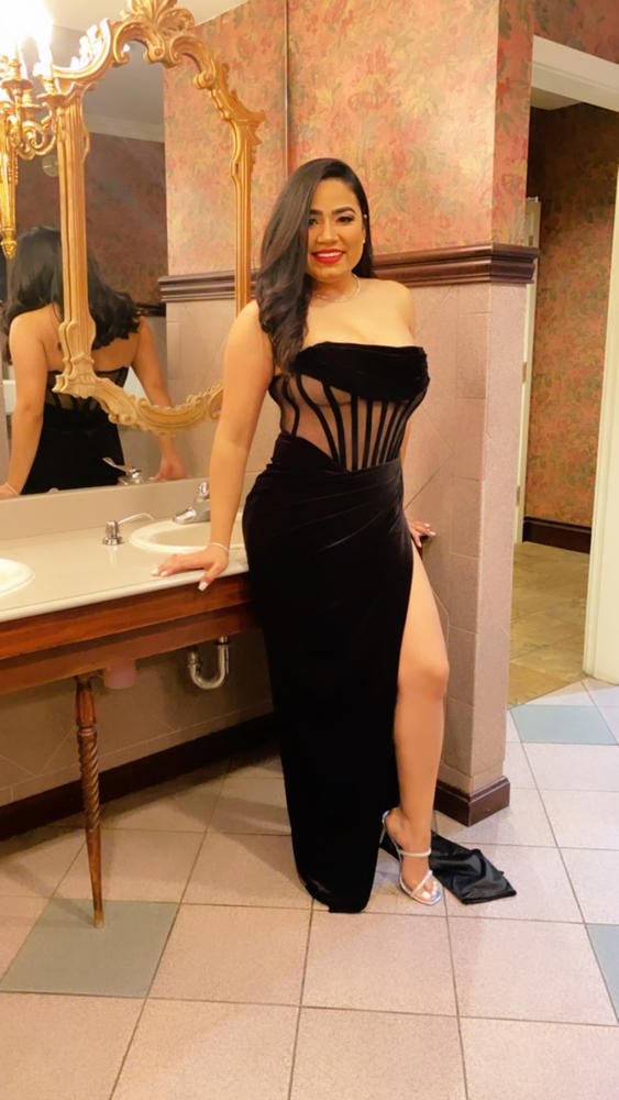 Priya Black Draping Corset High Slit Velvet Gown - Customer Photo From Lilibeth Martinez