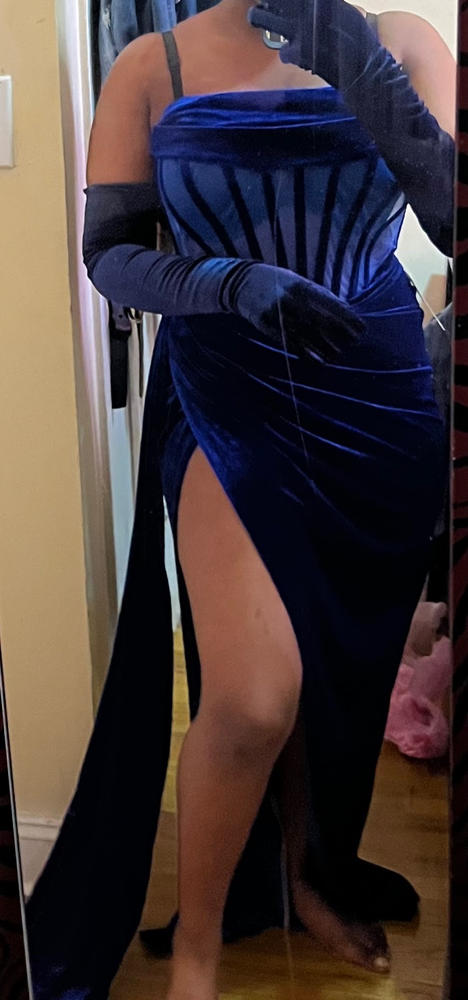 Priya Royal Blue Draping Corset High Slit Velvet Gown - Customer Photo From Anonymous