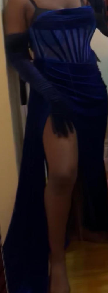 Priya Royal Blue Draping Corset High Slit Velvet Gown - Customer Photo From Anonymous