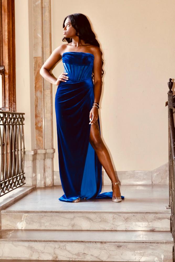 Priya Royal Blue Draping Corset High Slit Velvet Gown - Customer Photo From Jasmine 
