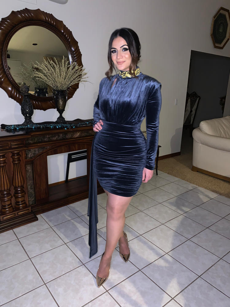 Gracyn Blue Cutout Long Sleeve Draping Velvet Dress - Customer Photo From Fatima