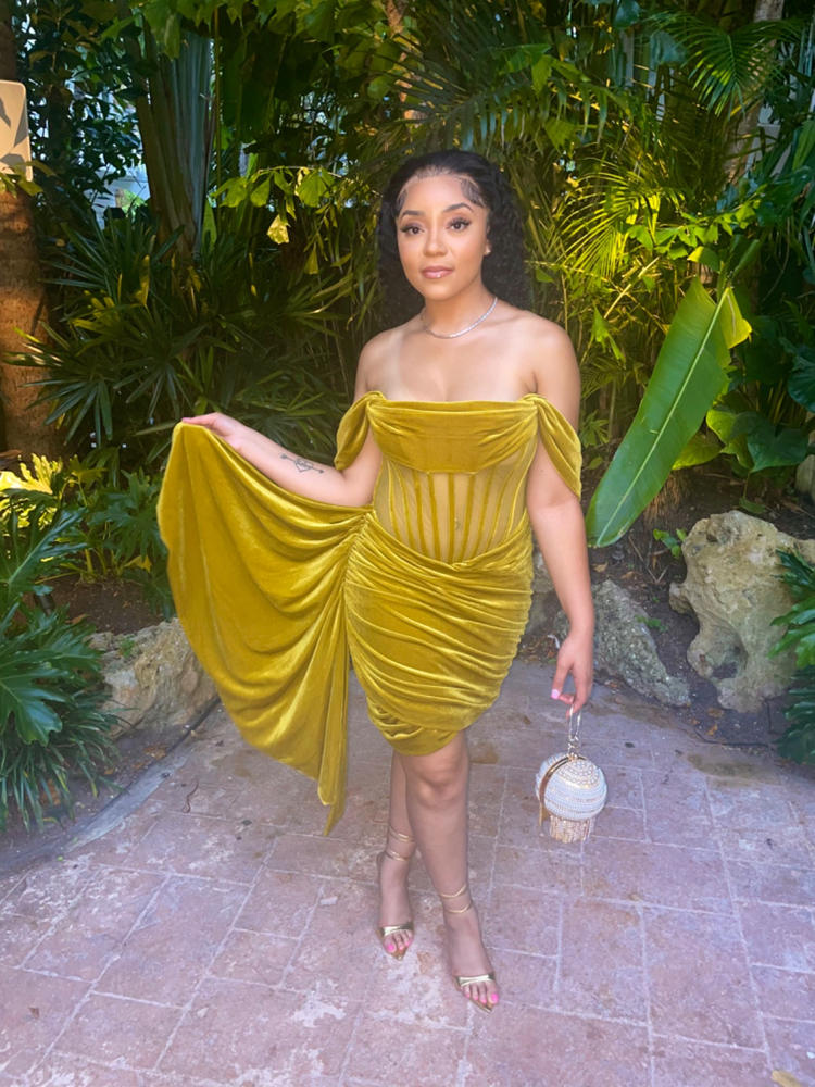 Irisa Gold Draping Off Shoulder Corset Dress - Customer Photo From Chyna Wyche