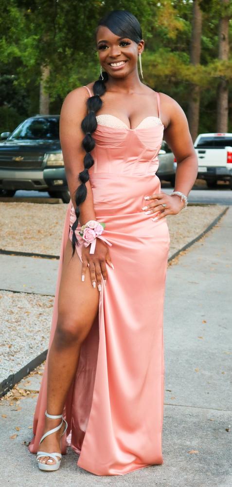 Vanity Blush Pink Satin High Slit Draping Corset Gown With Crystals - Customer Photo From Ashley