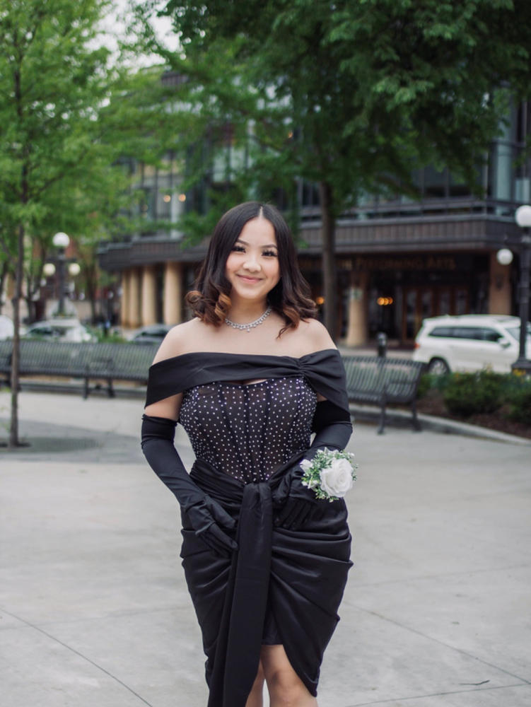 Darlene Black Off Shoulder Corset Satin Dress with Crystals - Customer Photo From Karena Yang
