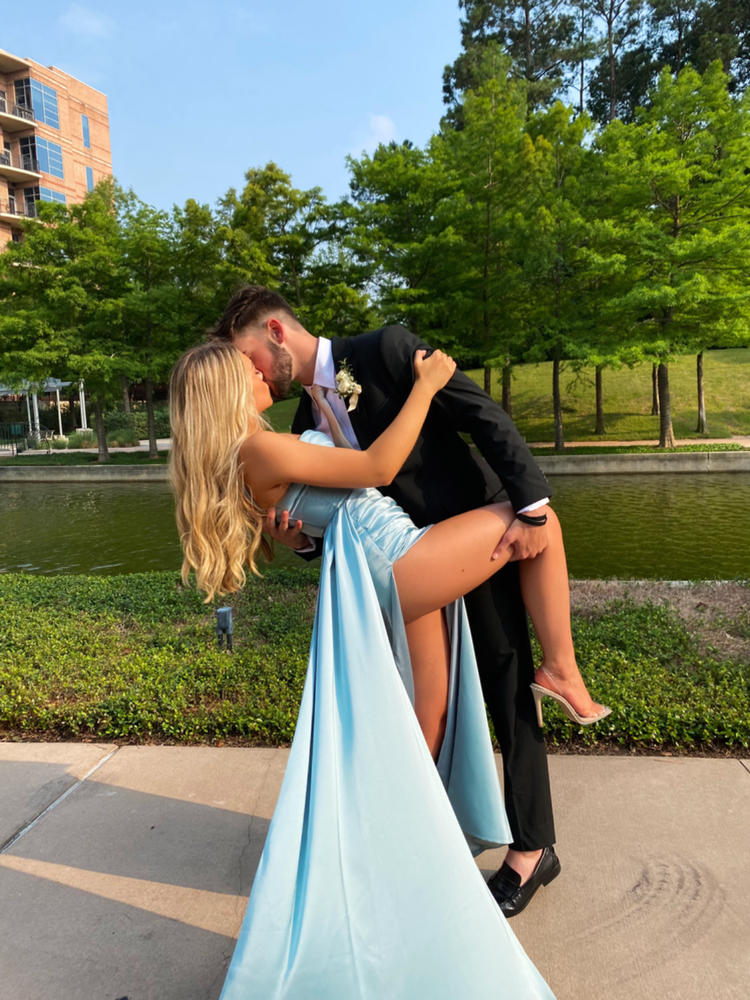 Elayna Pale Blue Strappy Satin Corset High Slit Gown - Customer Photo From Shannon Denson