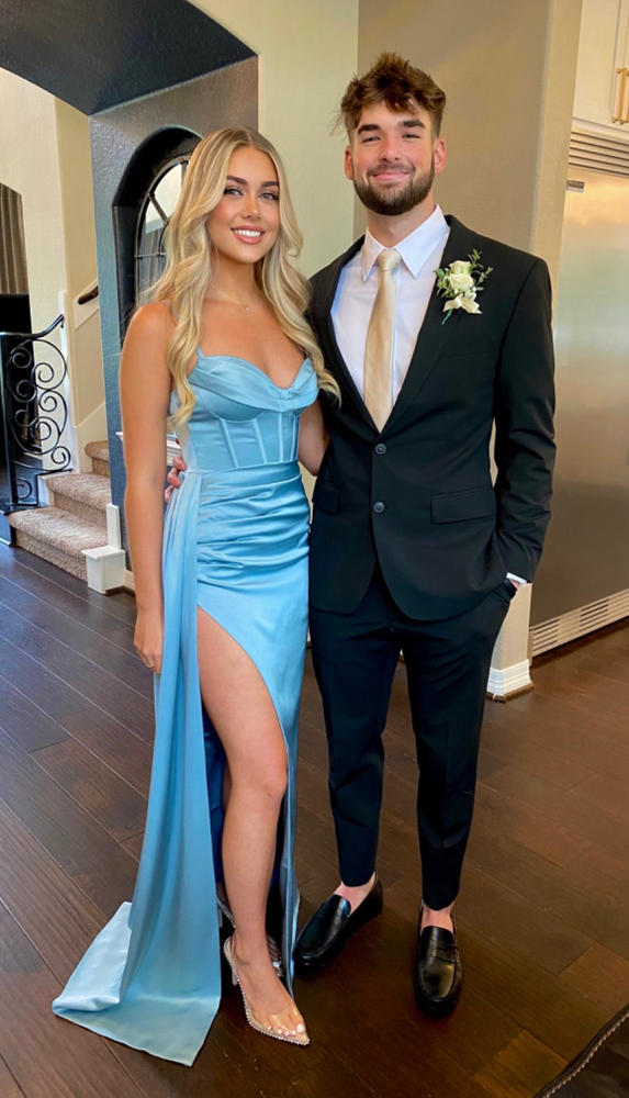 Elayna Pale Blue Strappy Satin Corset High Slit Gown - Customer Photo From Shannon Denson