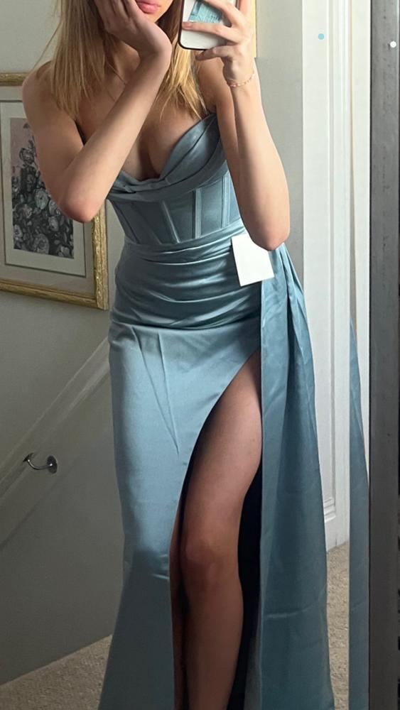 Elayna Pale Blue Strappy Satin Corset High Slit Gown - Customer Photo From Liv