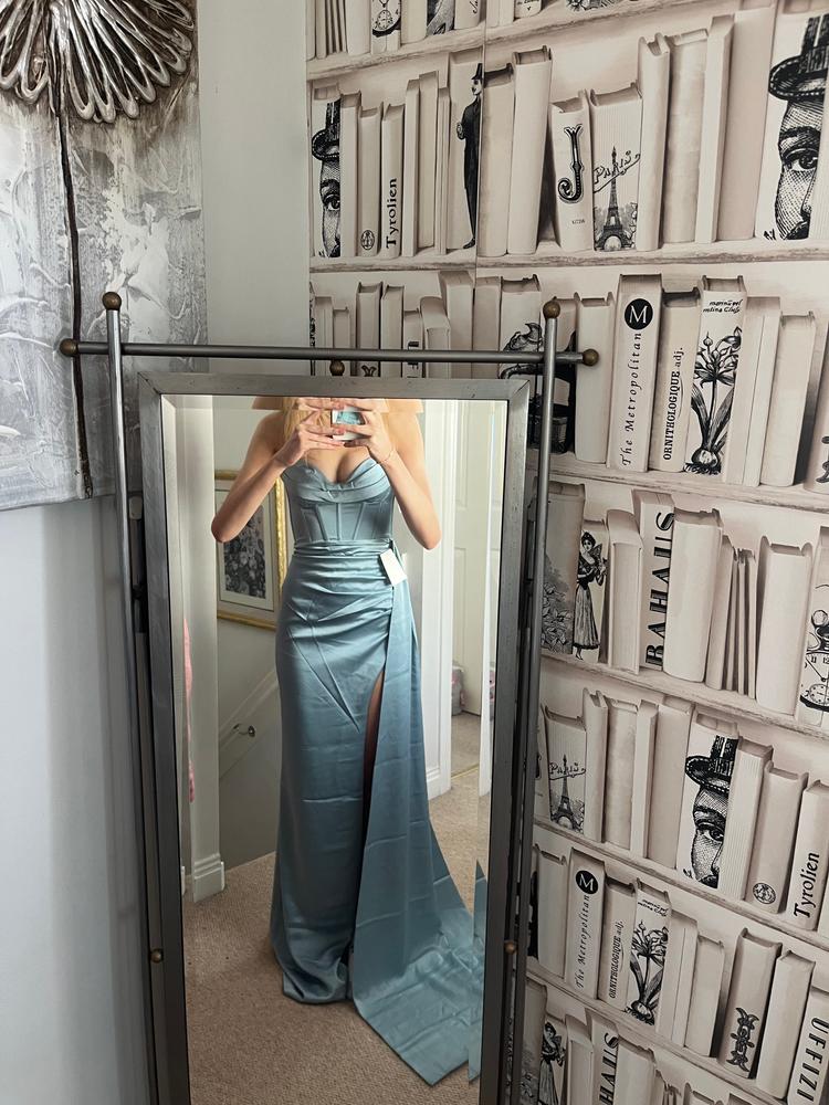 Elayna Pale Blue Strappy Satin Corset High Slit Gown - Customer Photo From Liv