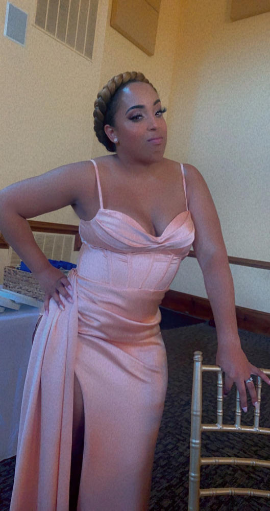 Elayna Blush Strappy Satin Corset High Slit Gown - Customer Photo From Darcell Williams-Creek