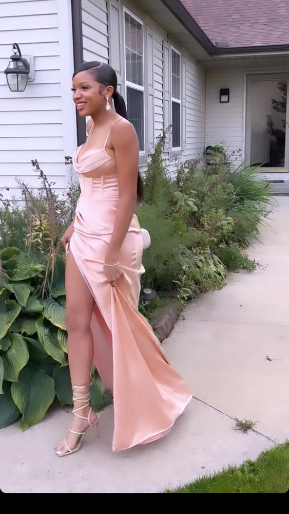 Elayna Blush Strappy Satin Corset High Slit Gown - Customer Photo From Lacey