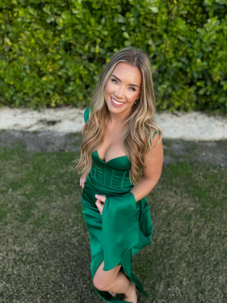 Zayda Green High Slit Corset Satin Gown - Customer Photo From Jessica 