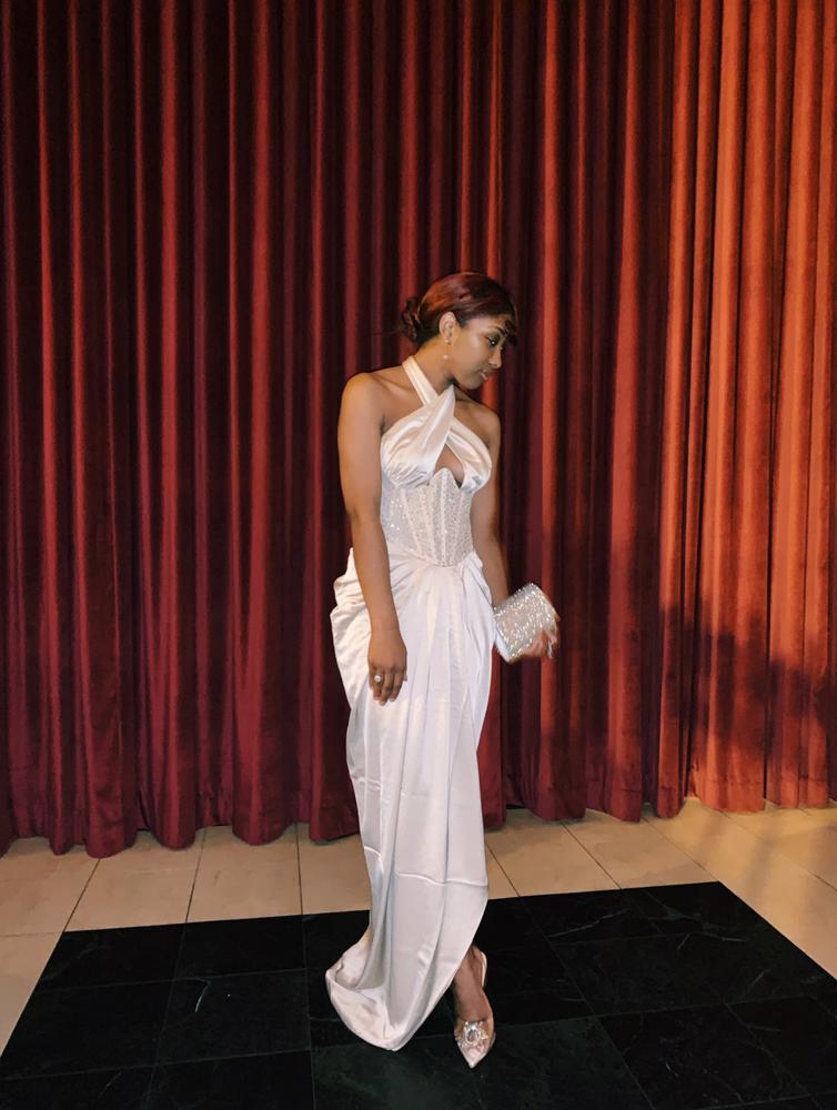 Noemie Champagne Crystal Corset Satin Gown - Customer Photo From WearToFindH.E.R