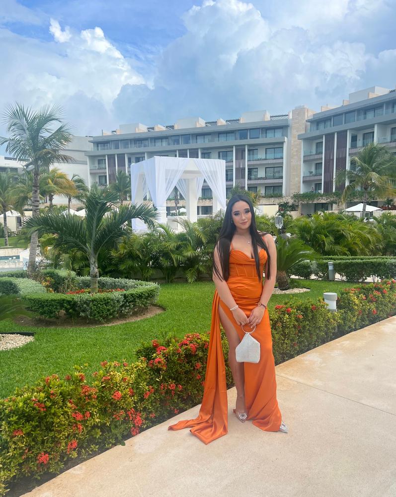 Elayna Orange Strappy Satin Corset High Slit Gown - Customer Photo From Brianna Valenzuela