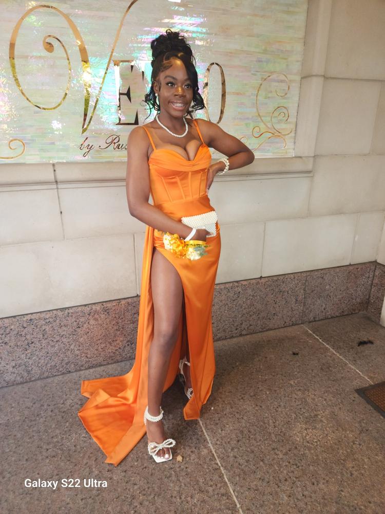Elayna Orange Strappy Satin Corset High Slit Gown - Customer Photo From Amachia Winston
