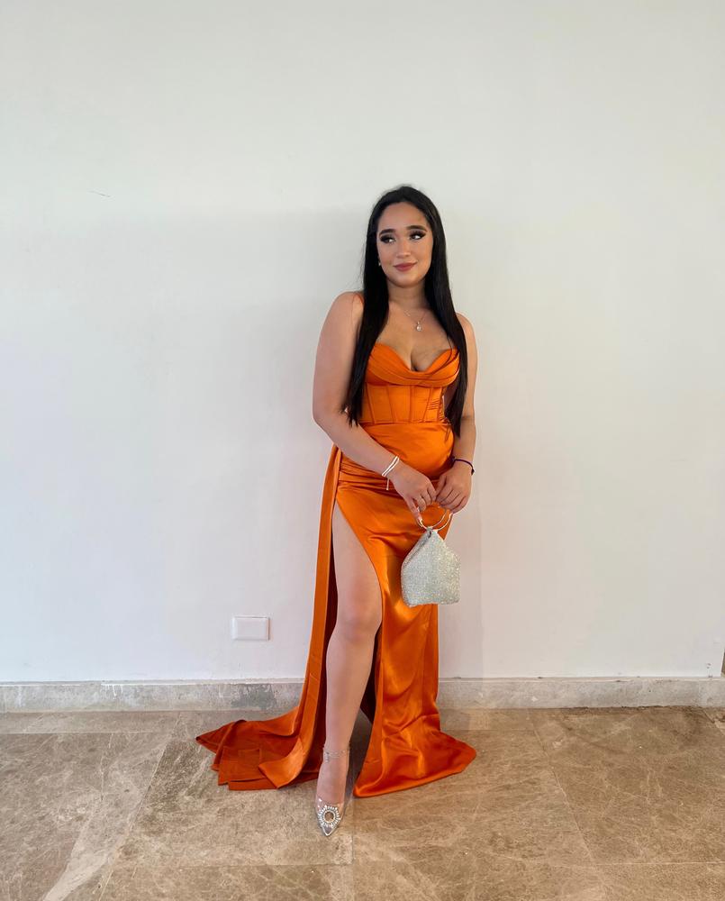 Elayna Blush Strappy Satin Corset High Slit Gown – Miss Circle