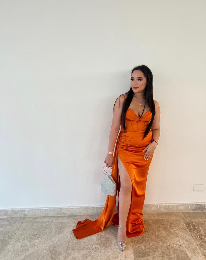 Elayna Orange Strappy Satin Corset High Slit Gown - Customer Photo From Brianna Valenzuela