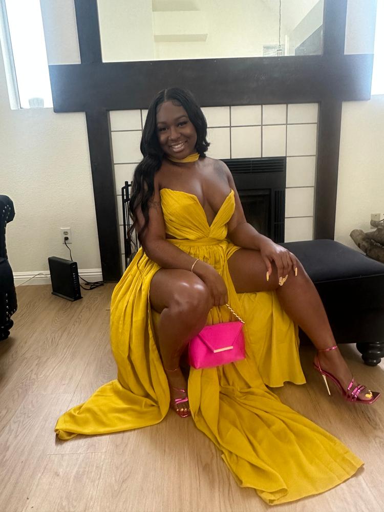 Xella Yellow Silk Pleated Chiffon Maxi Dress - Customer Photo From Brianna J