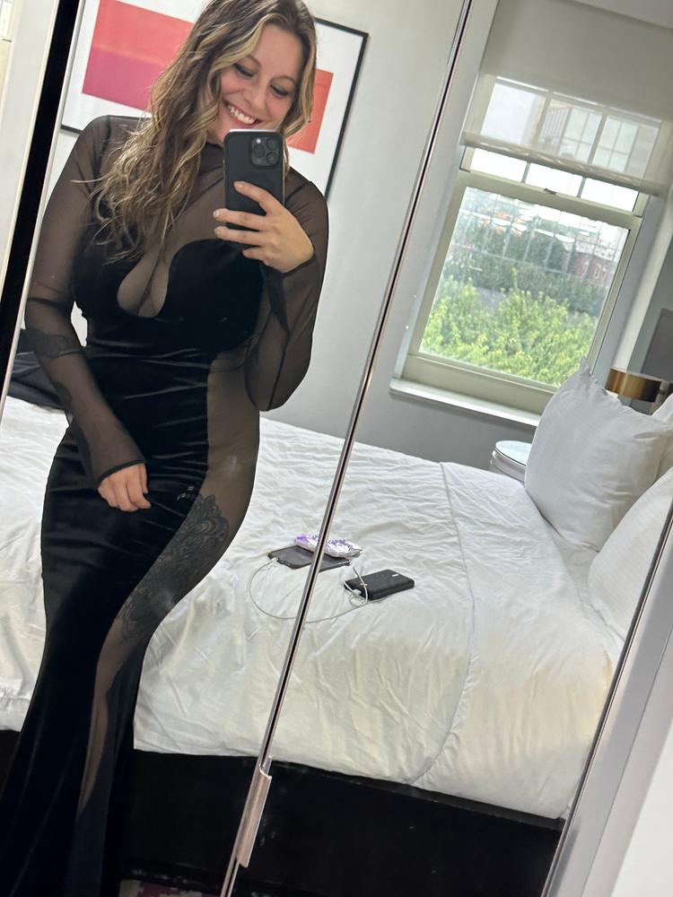 Paislee Black Velvet Mesh Long Sleeve Gown - Customer Photo From Stephanie