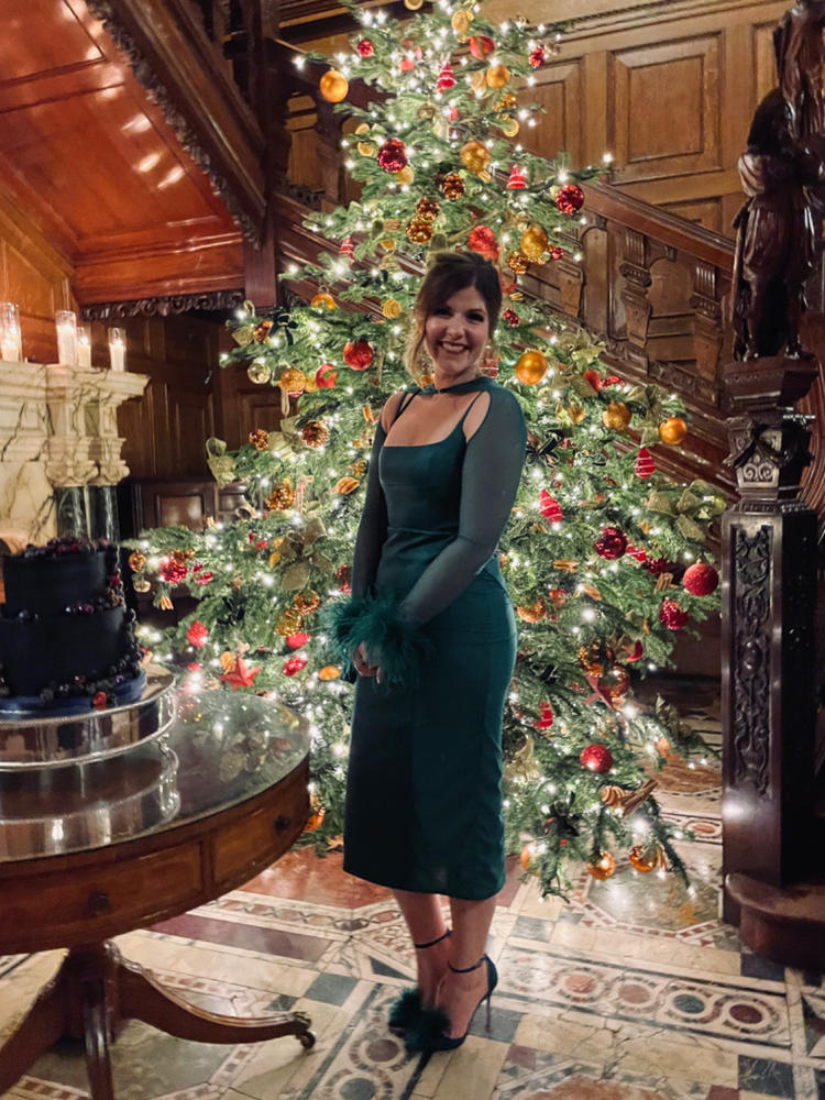 Oaklie Emerald Green Satin Mesh Sleeve Dress with Feather - Customer Photo From Lauren Petri