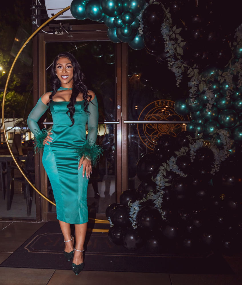 Oaklie Emerald Green Satin Mesh Sleeve Dress with Feather - Customer Photo From Chantel Johnson