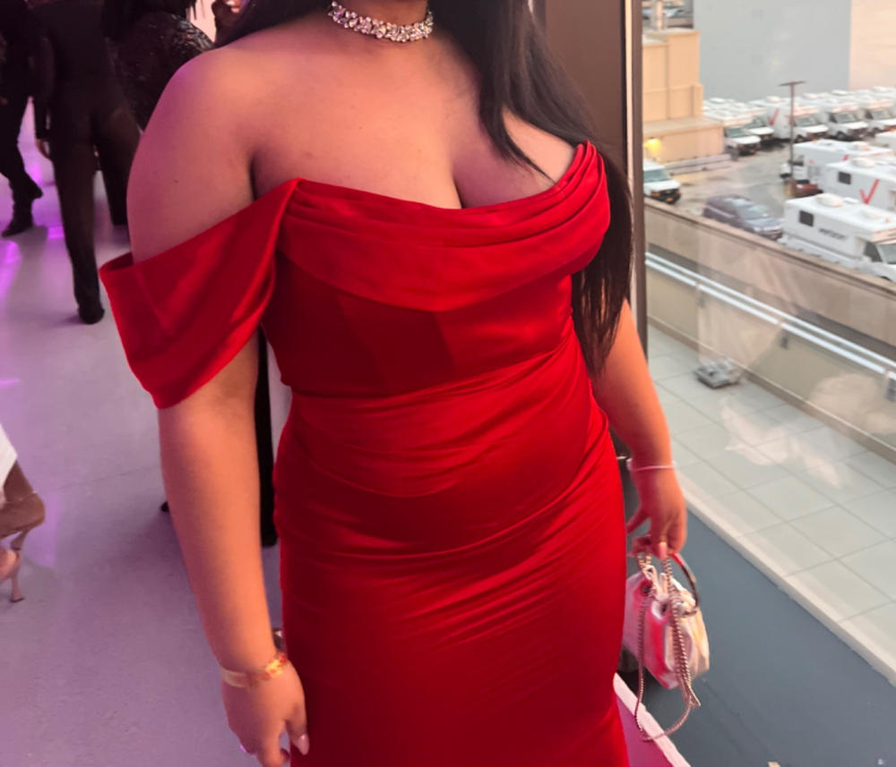 Ivona Red Halter Neck Double Duchess Satin Gown - Customer Photo From Anonymous