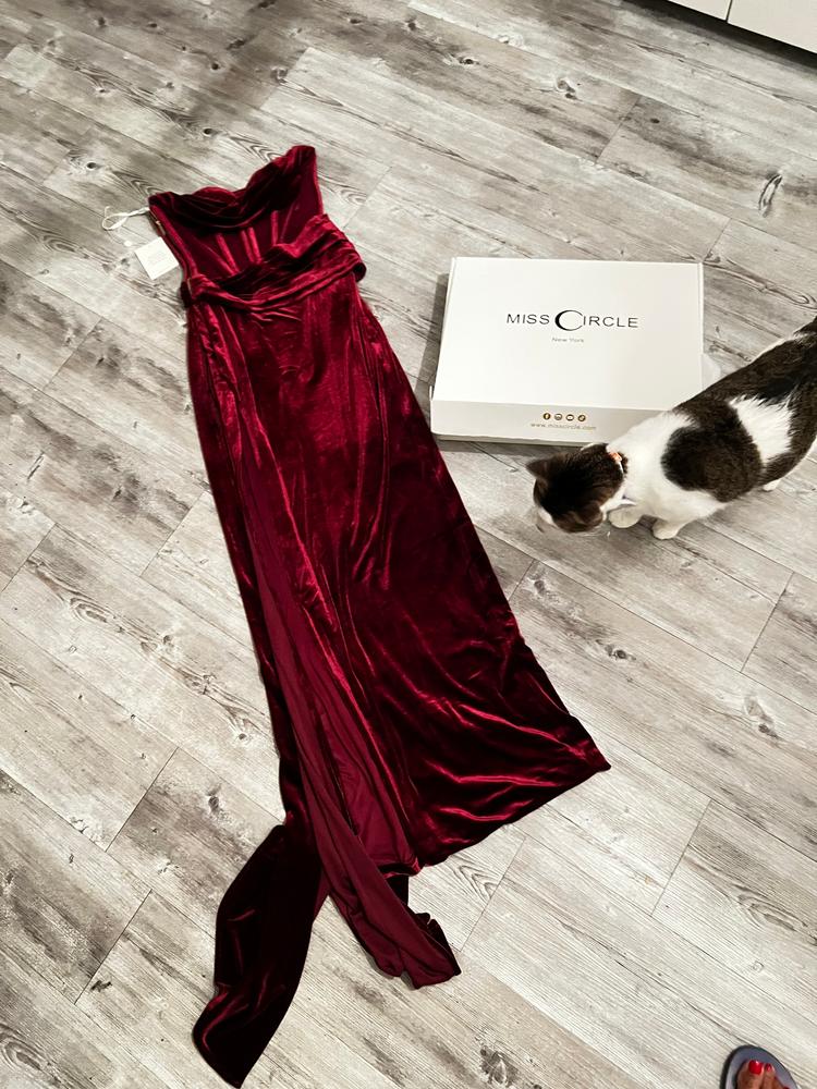 Octavia Burgundy Draping Crystal Corset High Slit Velvet Gown - Customer Photo From Charlene Granston