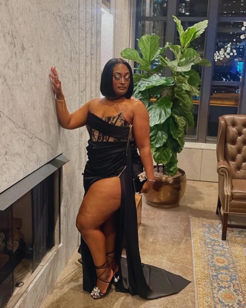 Callie Black Lace Satin Corset High Slit Gown - Customer Photo From Chrissy Winfield