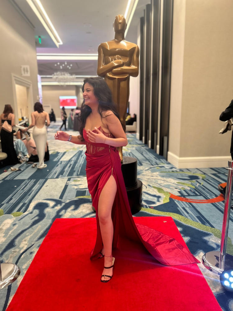 Callie Red Lace Satin Corset High Slit Gown - Customer Photo From Anamaria Acevedo Diaz