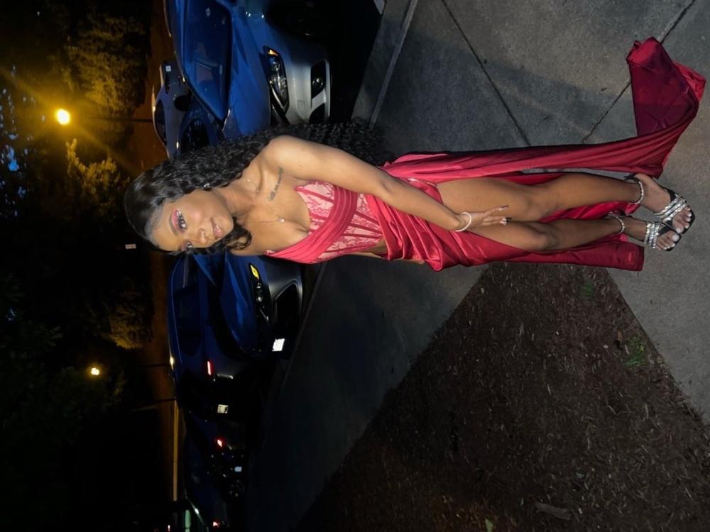 Callie Red Lace Satin Corset High Slit Gown - Customer Photo From Trinity Harris