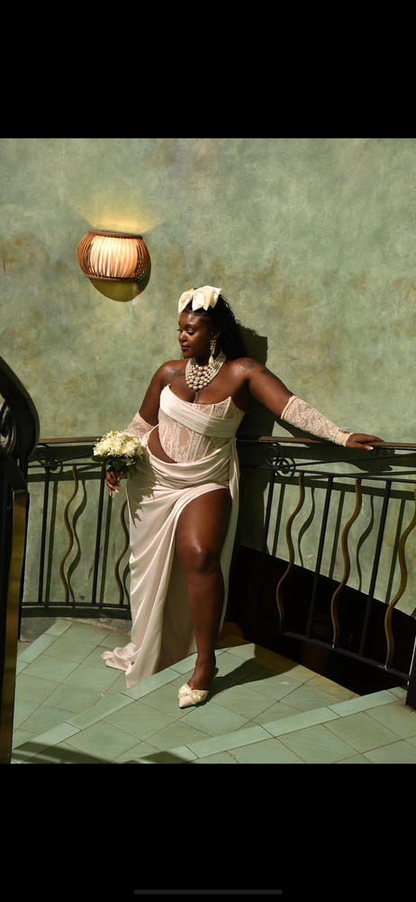 Callie Pearl White Lace Satin Corset High Slit Gown - Customer Photo From Masika Johnson