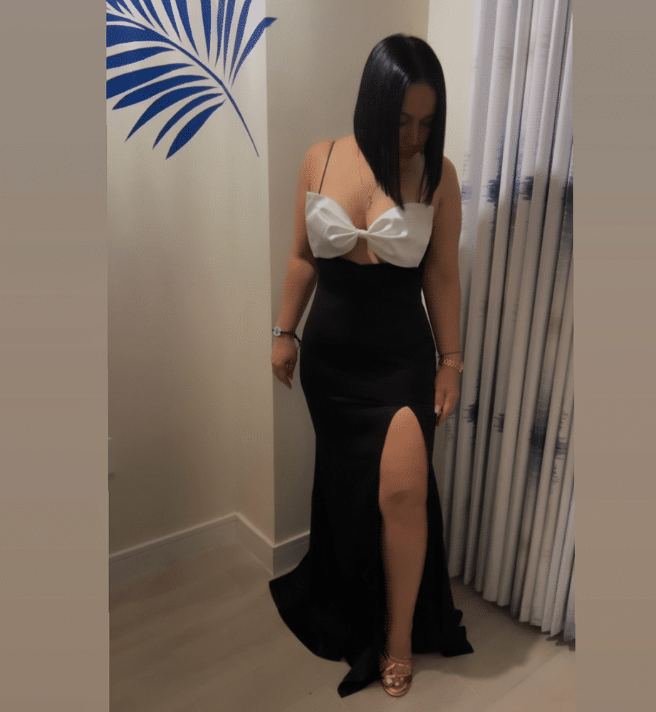 Eleanor Black and White Bow Satin Gown - Customer Photo From Maria Oviedo