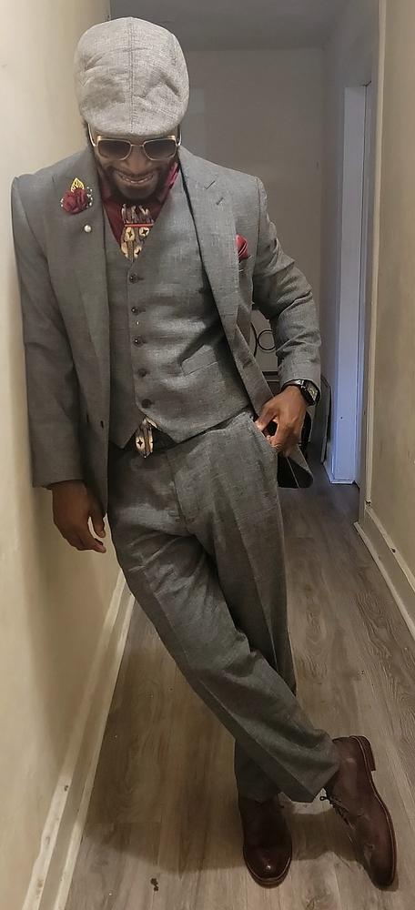 Grey Sharkskin Three Piece Peak Lapel Suit - Customer Photo From Brad Montgomery