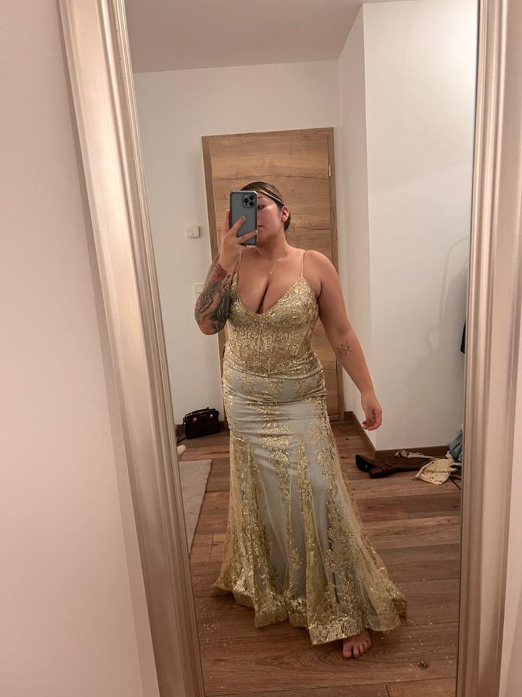 Shimmer Corset Bodice Mermaid Evening Gown- Gold Mist Moda Glam Boutique Shimmer Corset Bodice Mermaid Evening Gown- Gold Mist Moda Glam Boutique