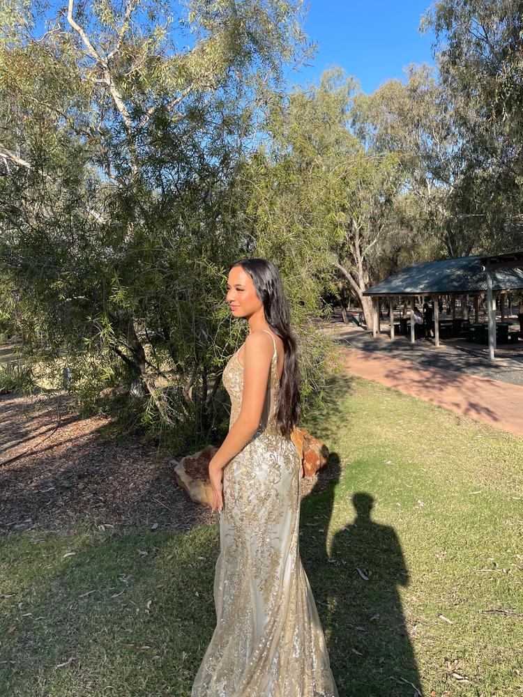 Shimmer Corset Bodice Mermaid Evening Gown- Gold Mist  Moda Glam Boutique